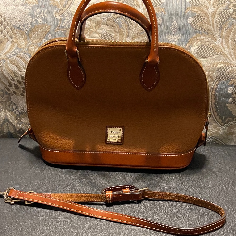 Dooney & Bourke Two-Tone Tan and Chestnut Leather Dome Satchel with Strap